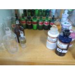 A coloured group of 14 chemist bottles, 3 glass measures and 3 ceramic jars, all but one of the