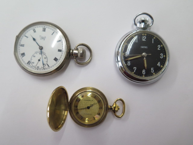 A silver limit no 2 pocket watch, a Smith black dial pocket watch and a caravelle plated pocket