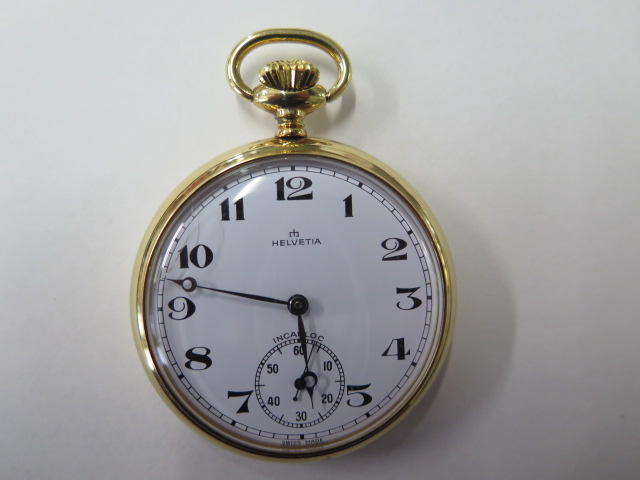 A Helvetia gold plated top wind pocket watch 50mm case, small crack to glass, running, hands advance