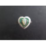A 9ct yellow gold heart shape emerald, diamond and opal ring, size N, head size 13mm x 14mm, in good