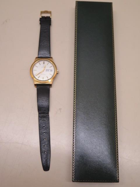 An Omega Automatic Geneve date gold plated gents wristwatch on a black leather strap, 36mm case, - Image 2 of 7