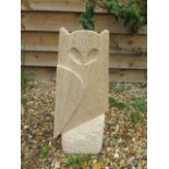 A stylised limestone owl sculpture, hand carved in Cambridgeshire, 53cm tall x 23cm wide