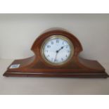 A mahogany case 8 day inlaid French mantle clock, 16cm tall, small crack to dial but case good and