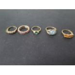 Five 9ct yellow gold rings, sizes N and S, total weight approx 14.9 grams, all good condition