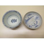 Two Chinese blue and white bowls, 5cm x 12cm, and 4cm x 12cm, possible ship wreck pieces, no obvious