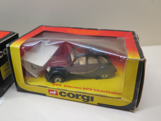 Four Corgi vehicles Ford Escort 497, a Citroen 2CV, Charleston 346, Mazda B1600 493, all boxed, some - Image 2 of 5