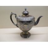 A presentation silver teapot, London 1874/75, 23cm tall, approx 29.4 troy oz, generally good