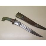 A carved jade tigers head handle dagger and sheath, length of jade 8.5cm, overall size 34.5cm, small