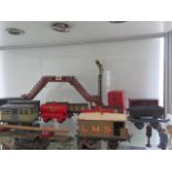 A collection of 12 Hornby 0 gauge tinplate rolling stock, two boxed buffer stops on signal, a