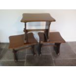 A set of three mahogany tables one with a carved rat, 44cm tall x 53cm x 40cm, all generally good