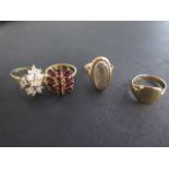 Four 9ct yellow gold rings, size N/Q/R, signet ring bent, others generally good, total weight approx