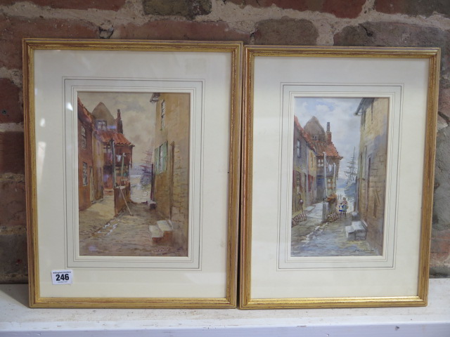 A pair of watercolours signed J W Williams of an alley with a ship at anchor in gilt frames, 40cm