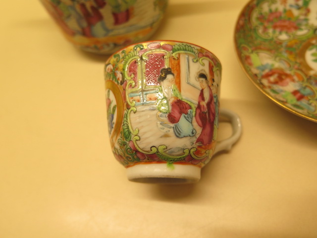 A matched famille rose Canton bachelors part tea set on tray, teapot with associated top otherwise - Image 6 of 8