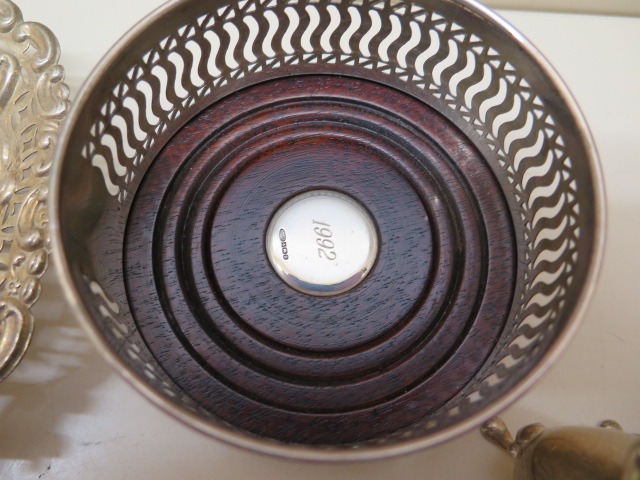 A silver mustard - missing liner, a silver sweetmeat dish, a silver and wood coaster 9cm diameter, a - Image 2 of 3