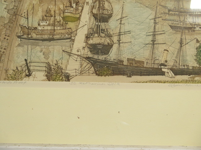 Glynn Thomas artist proof signed print, St Katharines Dock, in a gilt frame, 77cm x 57cm, some fly - Image 3 of 3