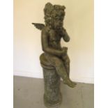 A bronze figural water feature of a fairy on a column, 135cm tall