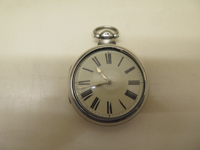 A silver pair cased pocket watch with a fusee movement, number 14084, 5.8cm outer case, generally
