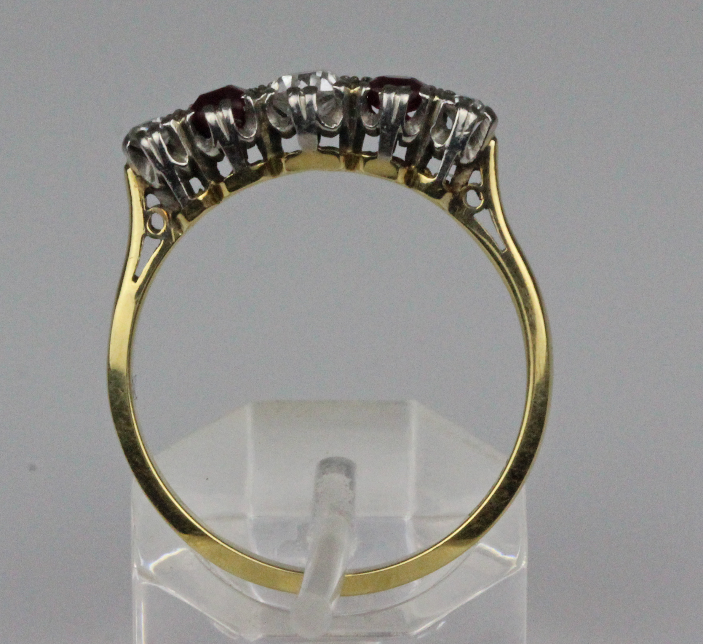 A ruby and diamond five stone ring, the claw set central old brilliant cut diamond 4.1mm x 4mm - Image 4 of 5