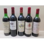 Five bottles of red wine Chateau Le Croix de Grezard 1982- low level, Saint Emillion 2002 -level