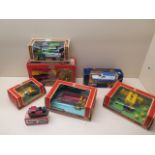 Five boxed Britains Ltd farm implements and tractor, a boxed Corgi Gas Escort van and a Matchbox