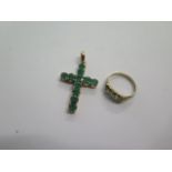 A 9ct hallmarked emerald and diamond ring, size N, approx 2 grams and a gilt emerald cross, 4cm