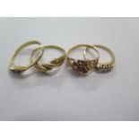 Four 18ct yellow gold rings, sizes J and N, total weight approx 7.4 grams, all stones intact and