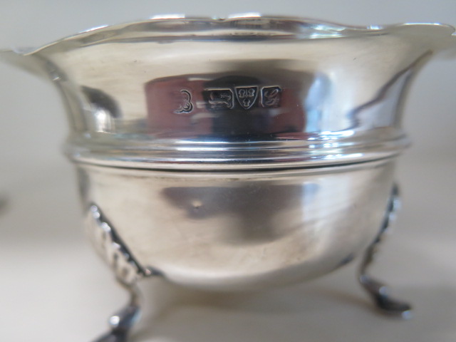 A silver leaf dish, a silver sugar bowl, a Mappin and Webb silver shaker 6cm tall and a glass vase - Image 5 of 7