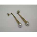 A pair of hallmarked 9ct yellow gold pearl earrings, 3.5cm drop, total weight approx 6.4 grams,