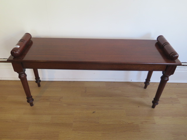 A mahogany window seat on well turned legs made by a local craftsman to a high standard, 51cm tall x