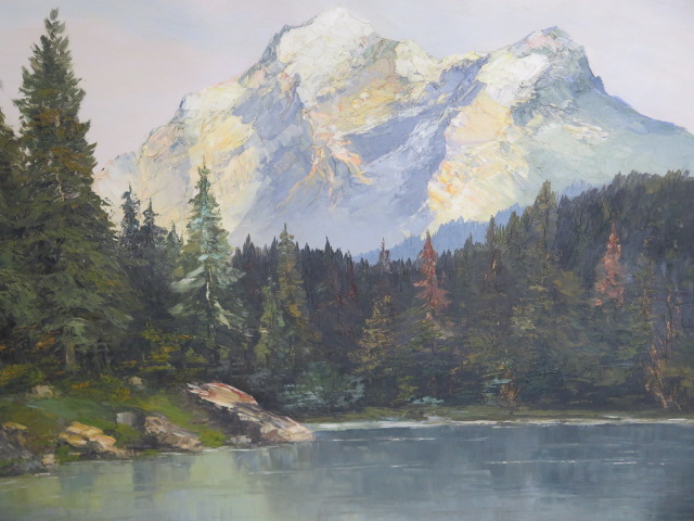 An oil on canvas Swiss Alpine scene with lake to foreground, indistinctly signed, in a gilt swept - Image 2 of 5