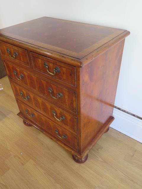 A yew oyster veneer chest of small proportions with two short over three long drawers on turned feet - Image 4 of 5