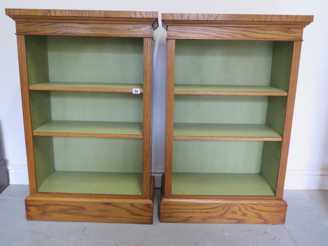 A pair of burr oak open bookcase with adjustable shelves and painted interior, 95cm tall x 61cm x