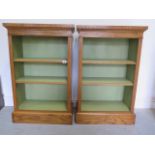 A pair of burr oak open bookcase with adjustable shelves and painted interior, 95cm tall x 61cm x