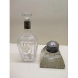 An engraved presentation decanter with Swedish silver collar, 24cm tall, and a large glass inkwell