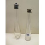 Two glass hunting flasks one with screw off top, 26cm and 23cm tall, both generally good, chain