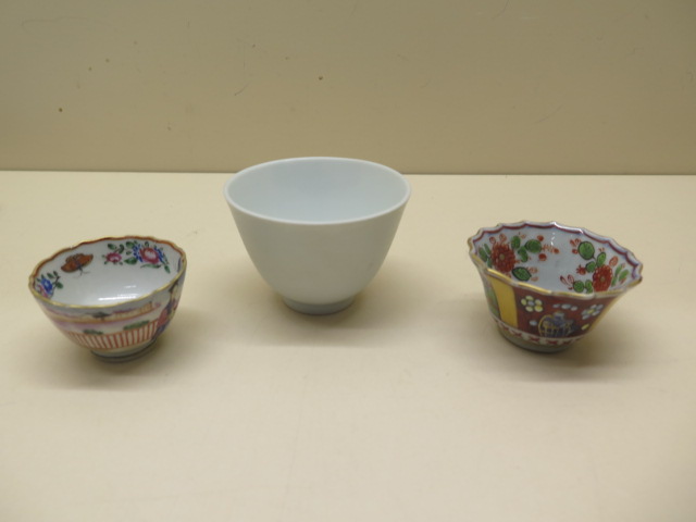 A famille rose tea bowl, 3.5cm x 5.5cm, and two other teabowls, all in good condition