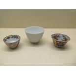 A famille rose tea bowl, 3.5cm x 5.5cm, and two other teabowls, all in good condition