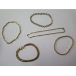 Five 14ct yellow gold bracelets, total approx 22.6 grams, all clasps good