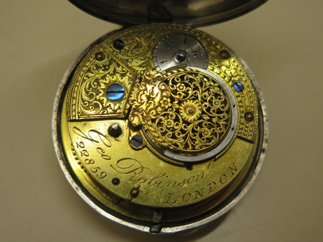 A silver pair cased pocket watch with a fusee movement signed Geo Robinson London 22858, 5.8cm outer - Image 4 of 7
