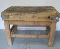 A pine butchers block on stand, 81cm tall x 109cm x 64cm (in barn find condition)