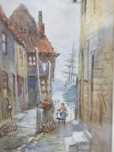 A pair of watercolours signed J W Williams of an alley with a ship at anchor in gilt frames, 40cm - Image 3 of 4