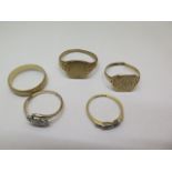 Five 9ct yellow gold rings, 2 signet rings have been cut, others size M/O/R, total weight approx