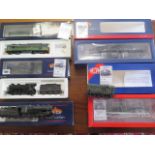 Four Bachmann locos, a Heljan loco and a Hornby Shunter, all lightly weathered