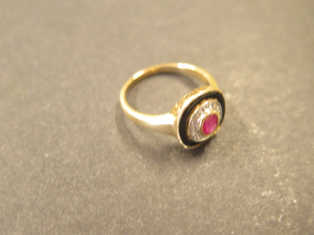 A 9ct yellow gold ruby, diamond and onyx ring, size P 1/2 by Luke Stokley, head approx 11mm, - Image 2 of 3