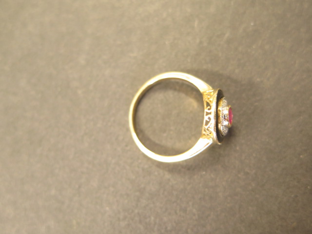A 9ct yellow gold ruby, diamond and onyx ring, size P 1/2 by Luke Stokley, head approx 11mm, - Image 3 of 3