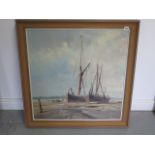 Kenneth Denton oil on board entitled Barges on the Mud River Orwell, frame size 89cm x 90cm, label