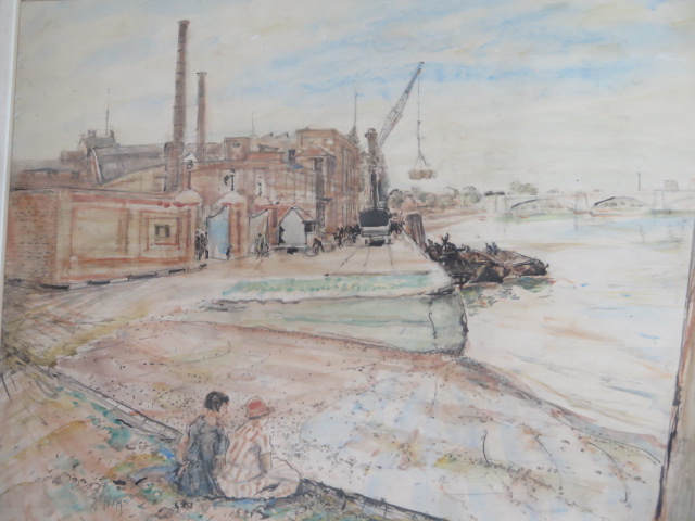 A watercolour of Mortlake Brewery by Archibald Standish Hartrick (1864-1950) OBE, BM, RSW with label - Image 2 of 4