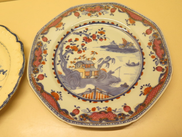 Two famille rose decorated plates, 23cm wide, both with chips to rims and a pointing chinaman - Image 2 of 6