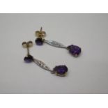 A pair of 9ct yellow and white gold amethyst and diamond earrings, 3cm drop, approx 2.4 grams, in