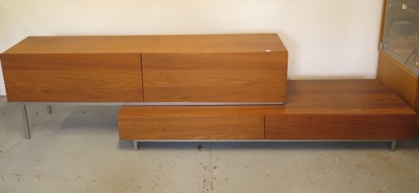 A teak effect four drawer sideboard TV unit adjustable in length, 71cm tall x 61cm deep